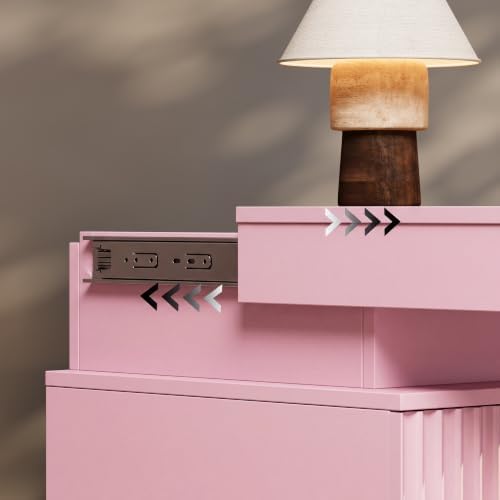Nightstand Bedside Table with Charging Station & LED Lights, Pink