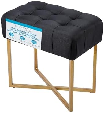 BIRDROCK HOME Rectangle Tufted Linen Ottoman Foot Rest - 19.7x11.82x17.73” Small Foot Stool with Legs - Padded Footrest Modern Ottomans for Living Room Furniture, Bedroom Footstool (Black)
