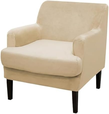 Mid-Century Accent Chair Covers with Cushion Cover Velvet 2 Pieces Upholstered Armchair Slipcovers for Living Room Comfy Sofa Reading Furniture Protector for Apartment Bedroom Office (Beige)