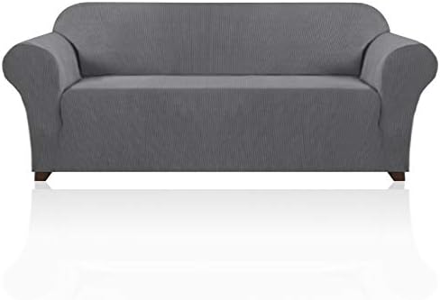 PrinceDeco Stretch Sofa Cover Slipcover Couch Covers for 3 Cushion Couch Furniture Protector Sofa Covers with Non Slip Elastic Bottom Dogs Pet Friendly Fitted (Sofa, Grey)