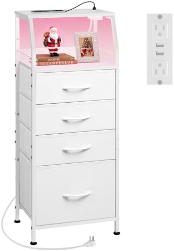 WLIVE Night Stand with Charger Station, White Nightstand with LED Light and 4 Storage Drawers, Tall Dresser for Bedroom, 37.48" H Bedside Table with Fabric Bins, Wood Shelf