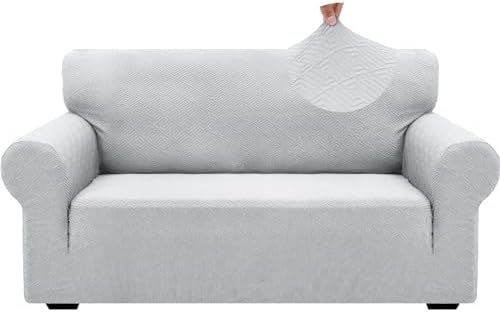 ZNSAYOTX 1 Piece Jacquard Couch Covers for 2 Cushion Couch High Stretch Loveseat Slipcover for Pets Dogs Anti Slip Love Seat Sofa Slipcover Furniture Protector (Medium, New Pattern Silver Grey)