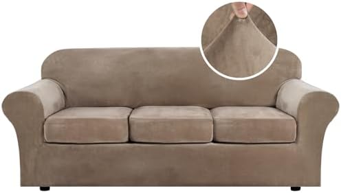 H.VERSAILTEX Modern Velvet Plush 4 Piece High Stretch Sofa Slipcover Strap Sofa Cover Furniture Protector Form Fit Luxury Thick Velvet Sofa Cover for 3 Cushion Couch Width Up to 90 Inch (Sofa, Camel)