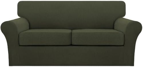 Turquoize 3 Piece Sofa Covers for 2 Cushion Couch Sofa Slipcover Soft Couch Cover for Dogs-Washable Sofa Furniture Cover with 2 Individual Cushion Covers, Feature Fabric (2 Cushion Sofa, Olive)