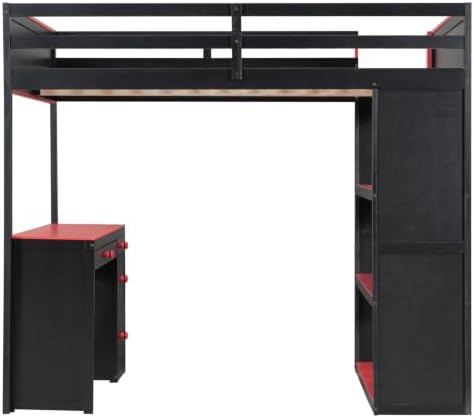 LUMISOL Full Gaming Loft Bed with Desk and Storage Shelves, Solid Wood Loft Bed with Drawers and Computer Desk for Teens, Space Saving High Loft Bed Frame for Kids Bedroom Red