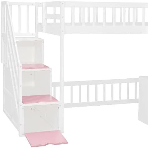 LUMISOL Twin Size Loft Bed with Storage Steps and Under Bed Cabinets, Playhouse Loft Bed Frame with LED Light, White+Pink