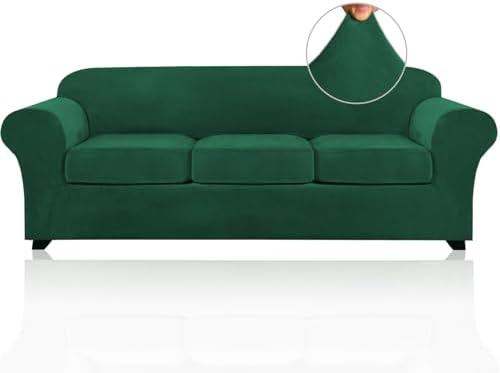 PrinceDeco Velvet Couch Covers for Sofa Soft 4 Pieces Couch Covers for 3 Cushion Couch Sofa Pet Friendly Furniture Protector with Non Slip Elastic Bottom Width Up to 97 Inch (Large Sofas, Green)