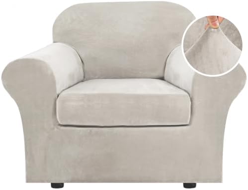 H.VERSAILTEX Rich Polyester Spandex Blend 2 Piece Cover Chair Slipcover Sofa Cover Furniture Protector Couch Soft with Elastic Bottom Chair Couch Cover with Arms Width Up to 49 Inch(Chair, Oatmeal)