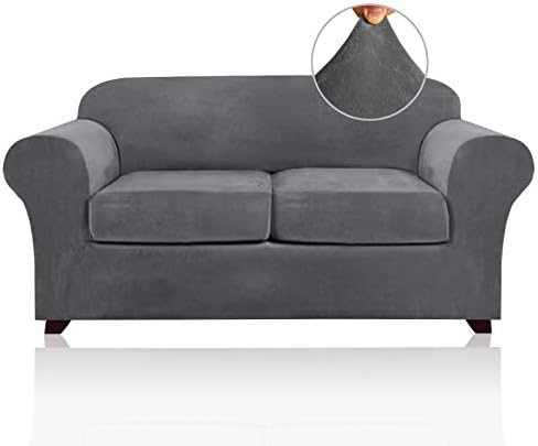 PrinceDeco Velvet Couch Cover Loveseat Covers for 2 Cushion Couch 3 Piece Sofa Covers for Dogs Washable Loveseat Covers Width Up to 72 Inch No Slip Stretch Sofa Slipcover(Medium, Grey)