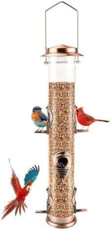 MIXXIDEA Metal Tube Bird Feeders for Outdoors - 6 Ports Hanging Feeder Attracts Wild Birds in Your Lawn, Garden, Balcony - Antique Copper - 1 Pack