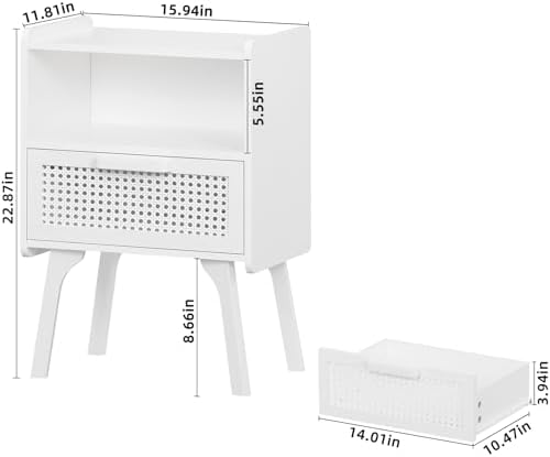 Lerliuo Rattan Nightstands Set of 2, Side Table with Drawer Open Shelf