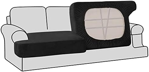 H.VERSAILTEX Stretch Velvet 2 Piece T Cushion Sofa Slipcovers Individually Sofa Cushion Covers for 2 Cushion Couch Seat Cushion Covers for Sofa Seat Cushion Covers Stay in Place (Sofa, Black)