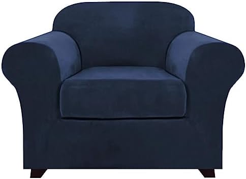 PrinceDeco Velvet Plush Couch Cover Stretch 2 Piece Chair Cover Chair Slipcover Washable Furniture Protector Couch Soft with Elastic Bottom Armchair Cover Width Up to 49 Inch(Small,Navy)