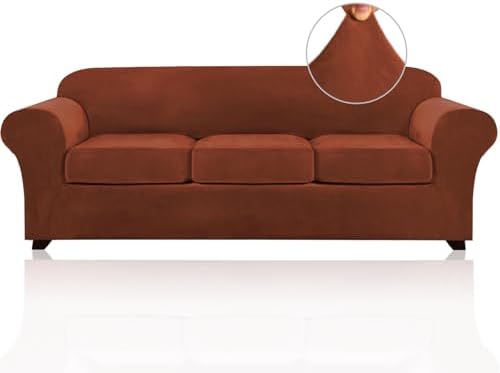PrinceDeco Velvet XL Couch Cover for Oversized Sofa 4 Piece Sofa Covers for 3 Cushion Couch Washable Furniture Protector with Non Slip Elastic Bottom Width Up to 105 Inch (X-Large, Rust)