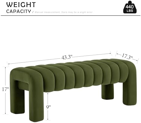 43.3” Dining Room Bench, Olive Green Tufted Upholstered End of Bed Bench, Modern Entryway Ottoman Window Seat with Solid Wood Legs and Padded Seat for Bedroom, Hallway and Living Room (Velvet)