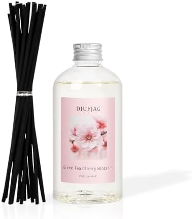 Green Tea Cherry Blossom Diffuser with 20 Black Fiber Sticks, 6.7 oz Diffusers for Home Essentials Bathroom,Last up to 60 Days（200ml