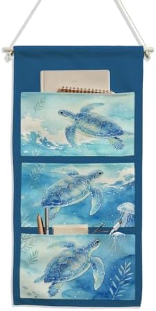 IAXIC Canvas Wall Hanging Organizer with Pockets Fish Extender Hanging Pouch Watercolor Turtle Door Closet Organizers Fabric Storage Pockets Wall Decoration