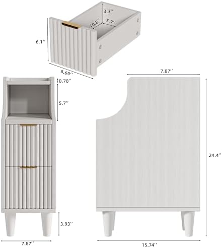 7.9" Narrow Fluted Nightstand Set of 2,Slim Side End Table with 2 Drawers,White Modern Bedside Table,Skinny Night Stand for Bedroom,Small Space