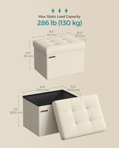 SONGMICS Mazie Collection - Small Folding Storage Ottoman, Foot Rest Stool, 12.2 x 16.1 x 12.2 Inches, 286 lb Load Capacity, for Living Room, Bedroom, Home Office, Dorm, Cream White ULSF102W01