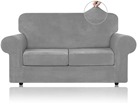 WEERRW Velvet Stretch 3 Pieces Couch Cover for Sofa Washable, Silver Grey