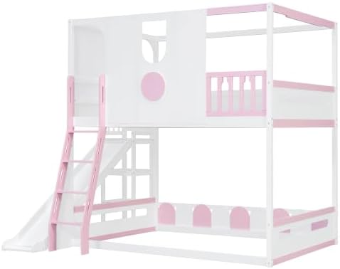Merax Full Size Playhouse Bunk Bed with Slide and Storage Shelves, Pink
