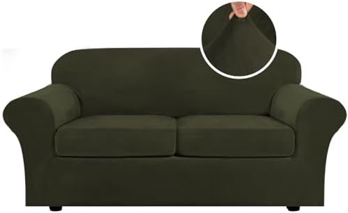 H.VERSAILTEX Real Velvet Plush 3 Piece Stretch Sofa Covers Couch Covers for 2 Cushion Couch Sofa Slipcovers Width Up to 90 Inch Feature Thick Soft Stay in Place (Sofa, Olive)