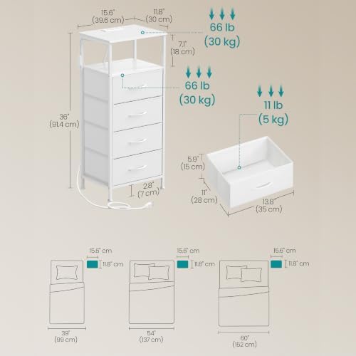 SONGMICS Nightstand with Charging Station, 4 Fabric Drawers