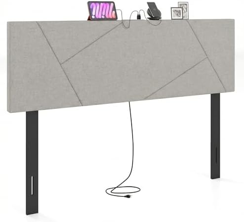 Giantex Headboard with Charging Station, Queen/Full Size Geometric Tufted Upholstered Head Board w/2 AC Outlets, USB & Type-C Ports, Rubber Wood Legs, Width Adjustable Modern Bed Headboard Only (Grey)