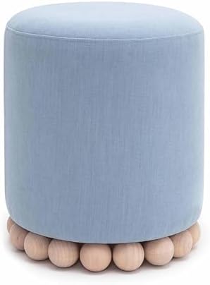 First of a Kind Ottoman Foot Rest - Faded Blue Round Ottoman Stool with Solid Wood Spherical Orbs - 15.7" W x 15.7" D x 18.3" H - Handmade, Easy Clean, 330 lbs Weight Capacity