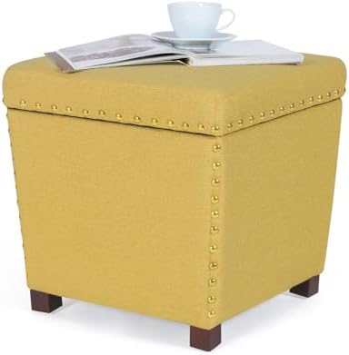 Adeco Square Storage Ottoman with Hinged Lid, Modern Accent Bench Footrest Stool, Coffee Table for Living Room Bedroom,Yellow Large