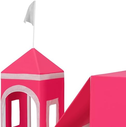 Full Size Castle Loft Bed with Slide & Pink Tent and Tower, Playhouse Design Spacious Under Bed Space with Curtains, Wood Tent Bed Frame for Kids Boys Girls(Pink,Full)