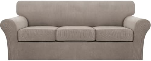 Turquoize 4 Piece Sofa Covers for 3 Cushion Couch Sofa Slipcover Soft Couch Cover for Dogs Washable Furniture Cover with 3 Individual Large Cushion Covers Feature Fabric (Large Sofa, Taupe)