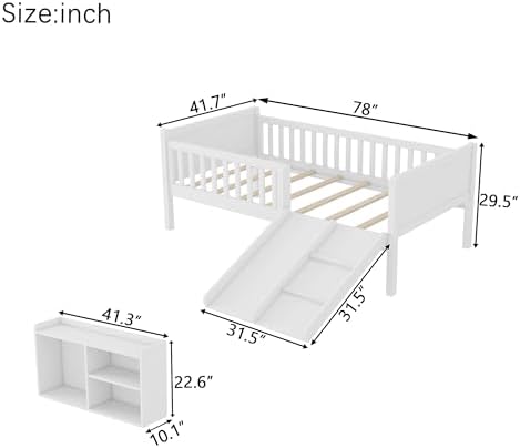 SOFTSEA Twin Size Kids Low Loft Bed with Slide, Wood Loft Bed Frame with Storage Shelves and Guardrails for Boys Girls, White