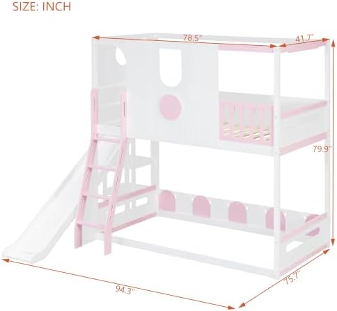 Merax Twin Size Playhouse Bunk Bed with Slide and Storage Shelves, Pink