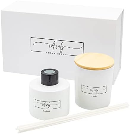 ASALY Luxury Lavender Candle & Reed Diffuser Gift Set for Women - Soy Wax Candle (30 Hr Burn) + Rose & Oud Reed Diffuser | Elegant Gift Box | Perfect for Birthday, Anniversary & Mother's Day