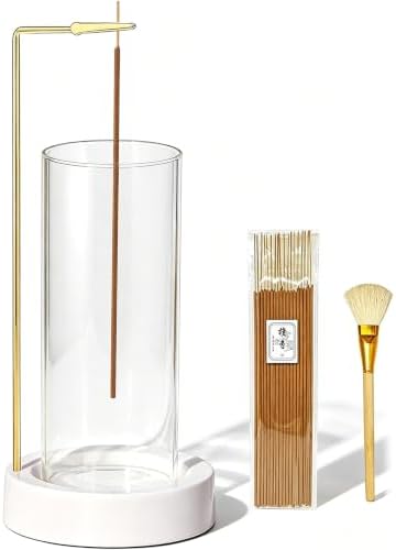 CEREMONY Incense Holder, Ceramic Incense Holder for Sticks with Glass Ash Catcher, Incense Burner for Meditation Yoga Spa Room Decor(Beige)