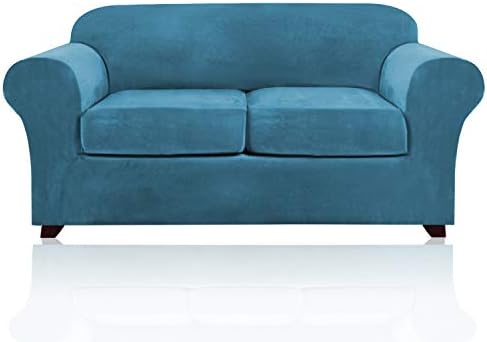 PrinceDeco Velvet Couch Cover Loveseat Covers for 2 Cushion Couch 3 Piece Sofa Covers for Dogs Washable Loveseat Covers Width Up to 72 Inch No Slip Stretch Sofa Slipcover(Medium, Blue)