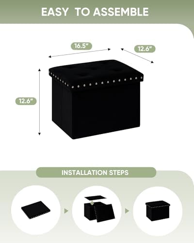 B FSOBEIIALEO Storage Ottoman Cube, 16.5" Velvet Folding Ottoman, Black