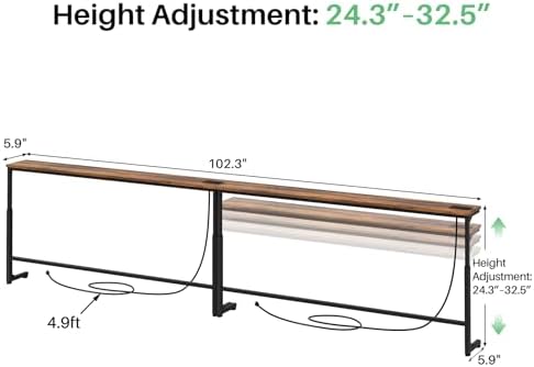Kitstorack 102.3" Extra-Long Behind Couch Table, Height Adjustable Narrow Console Table with 2 Power Strips, Anti-Tip Wall Screws, Rustic Brown Finish, Split Design for Flexible Use