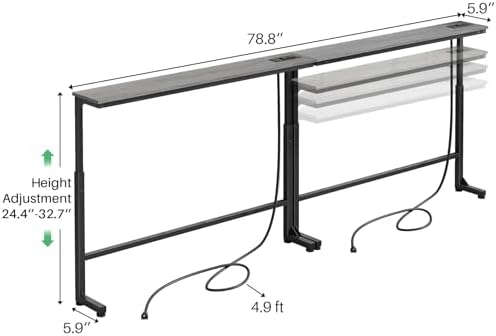 Kitstorack Narrow Sofa Table with Charging Station, 78.8" Behind Couch Table, Adjustable 24.4"-32.7" Height, Modular 2-piece Design for sectionals, entryways, Apartments, and Narrow Living Spaces