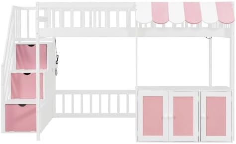LUMISOL Full Size Loft Bed with Storage Steps and Under Bed Cabinets, Playhouse Loft Bed Frame with LED Light, White+Pink