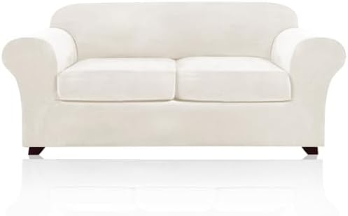 PrinceDeco Velvet Couch Covers for Sofa Soft 4 Pieces Couch Covers for 3 Cushion Couch Sofa Pet Friendly Furniture Protector with Non Slip Elastic Bottom Width Up to 90 Inch (Medium-Large, Porcelain)