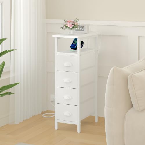 sthmec Side Table with Charging Station, Narrow End Table with 4 Drawers, Small Nightstands with Fabric Drawers,Slim Sofa Couch Side Tables for Small Spaces,Living Room,Bedroom, White