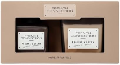 French Connection Square Range Scented Candle & Reed Diffuser Gift Set | 220g Shea Butter Wax Candle & 100ml Diffuser | Glass Jar Design | 37-Hour Burn Time | Gift Box (Praline & Cream)