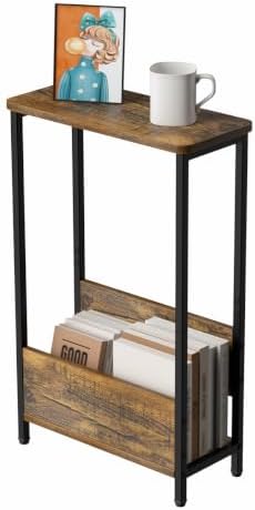 THUMEYE 7.1" Narrow Side Table for Small Spaces, 2 Tier Small End Table with Magazine Holder, Slim/Skinny Nightstand/Bedside Table for Living Room, Bedroom, 15.4" L x 24.2" H