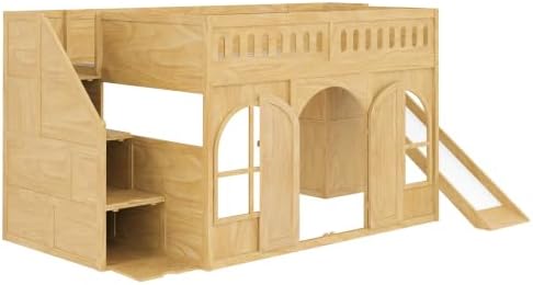 LUMISOL Full Size Wood Loft Bed with Slide and Storage Staircase, Solid Wood Playhouse Loft Bed with Wardrobe and Window, Natural