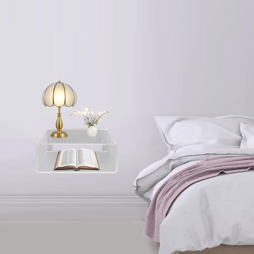 Acrylic Wall-Mounted Nightstand Floating Wall Nightstand Bedside Table Floating Side Table Wall Mounted Clear Shelf for Bedroom Bathroom (Clear)
