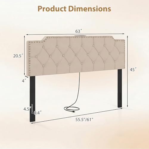 GIANTEX Headboard with Charging Station, Queen/Full Size Rivet Tufted Upholstered Head Board w/2 AC Outlets, USB & Type-C Ports, Rubber Wood Legs, Width Adjustable Modern Bed Headboard Only (Beige)