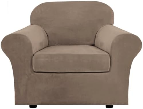 H.VERSAILTEX Rich Velvet Stretch 2 Piece Cover Chair Slipcover Sofa Cover Furniture Protector Couch Soft with Elastic Bottom Chair Couch Cover Width Up to 49 Inch (Chair, Mocha)