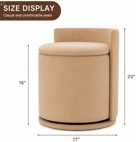 360° Swivel Makeup Chair with Storage, Upholstered Accent Stool with Back, Round Vanity Stool Ottoman for Living Room, Makeup Room, Bedroom (Khaki)